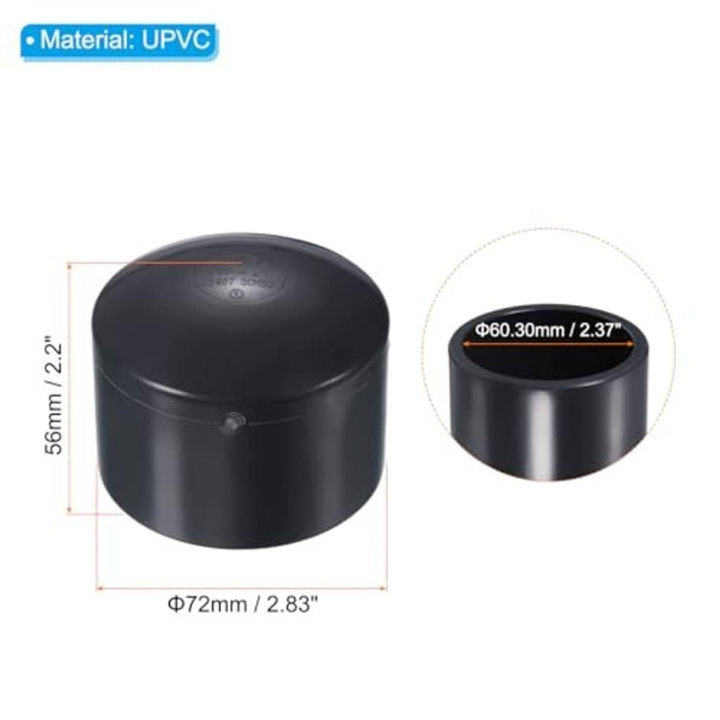 Black UPVC pipe end cap fitting shown with top and side measurements and rim detail
