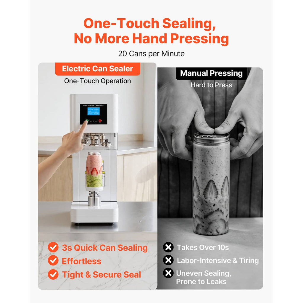 White automatic can sealing machine with one-touch screen and hands placing a can.