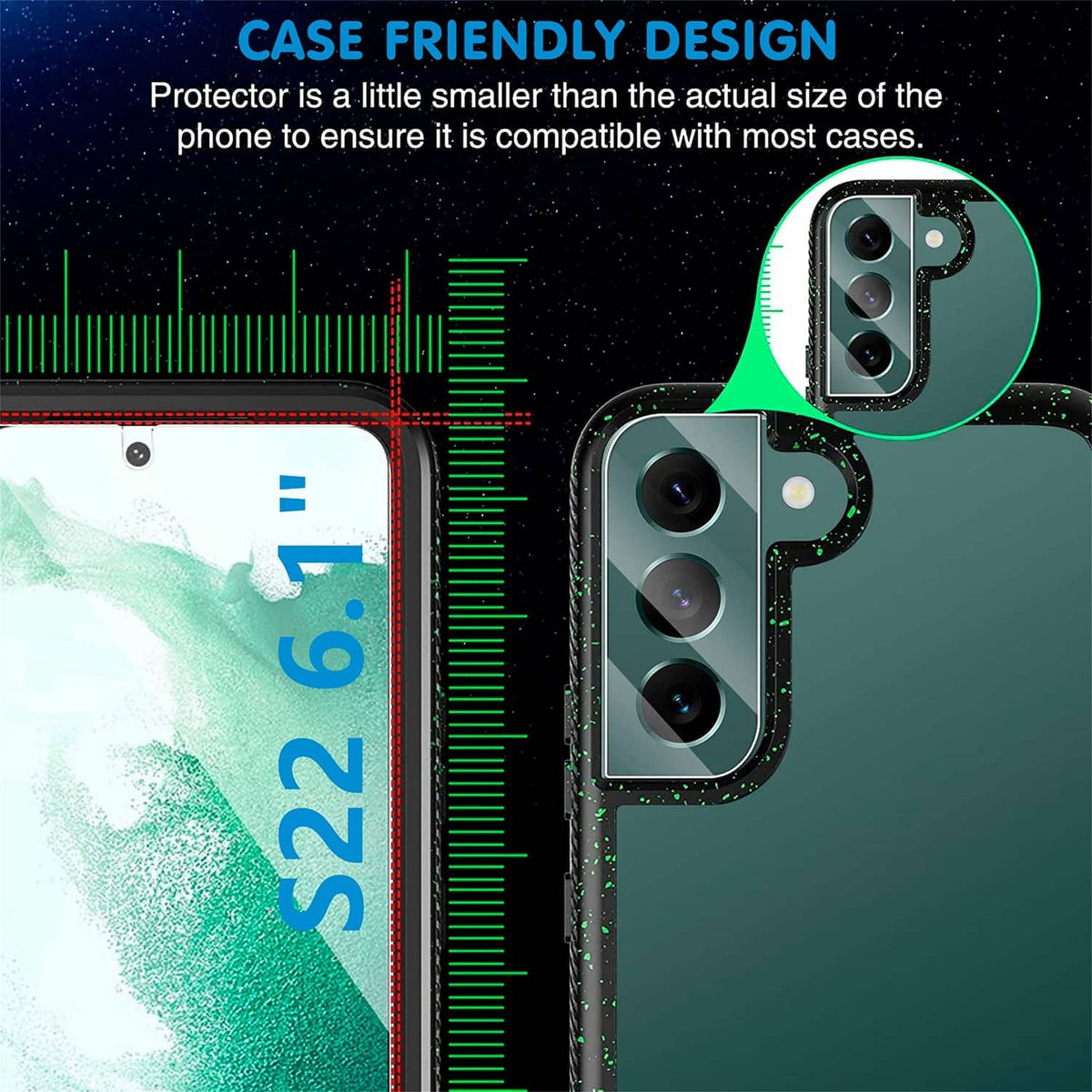 Case-friendly tempered glass screen protector for Galaxy S22 with camera lens cutouts