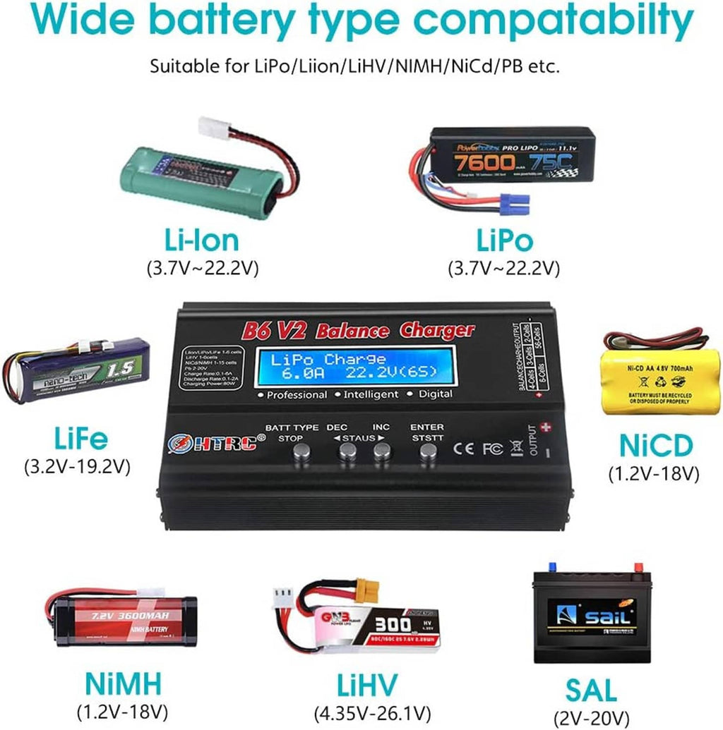 RC balance charger showing LiPo, Li-ion, and NiMH compatibility with battery connectors