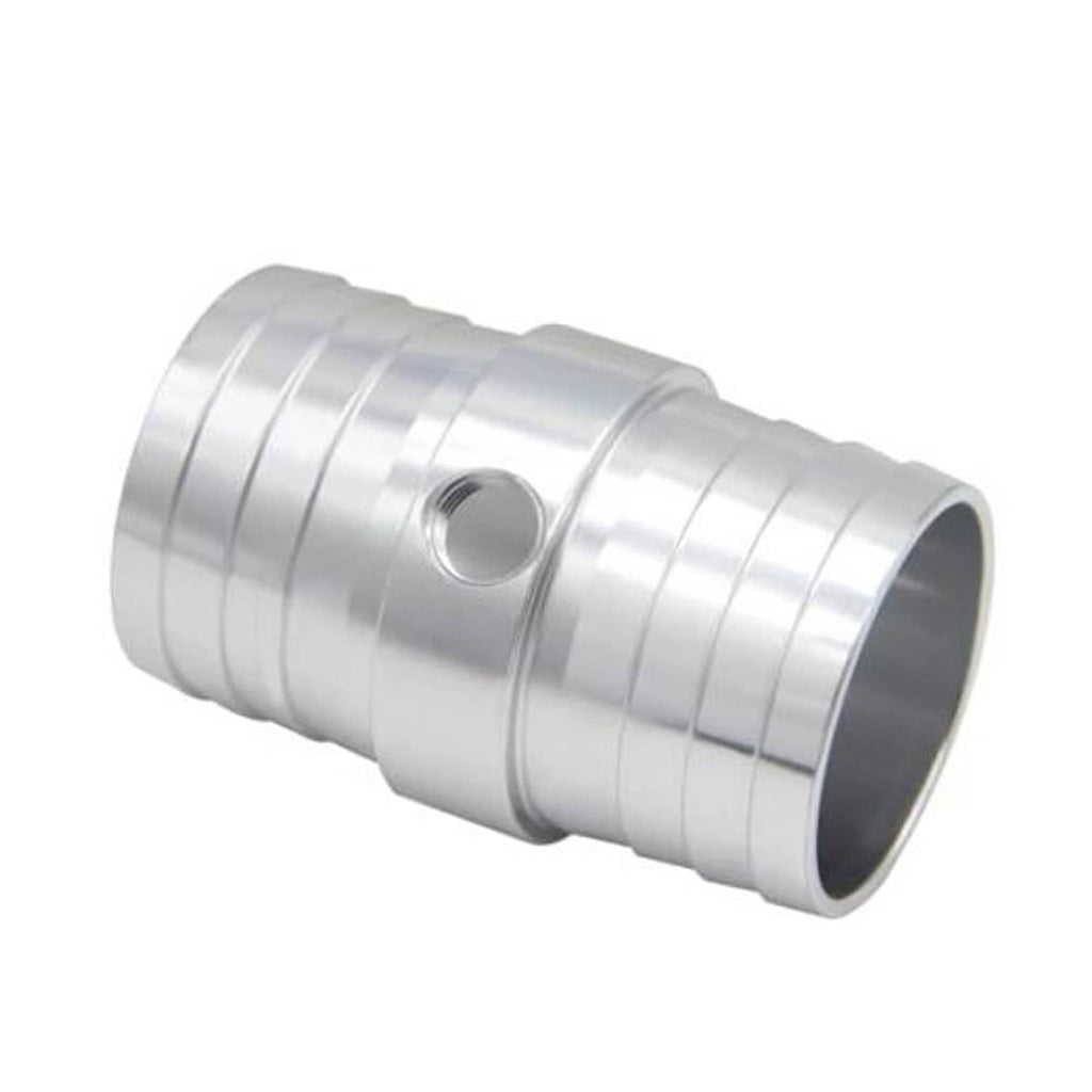 Metal radiator hose barb adapter with threaded port on the body, silver finish.