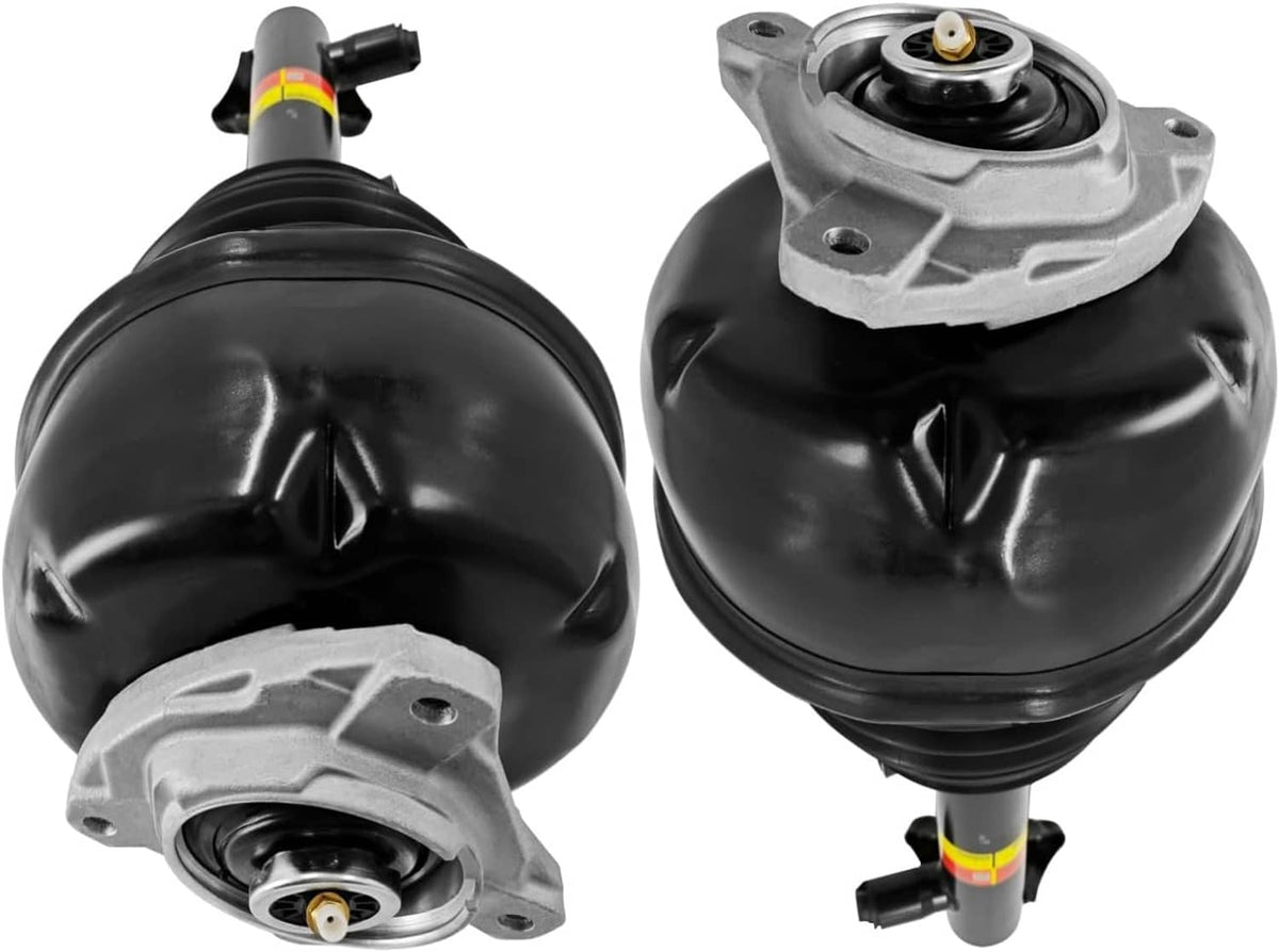 Front air suspension shock struts with black air springs and gray top mounts, pair