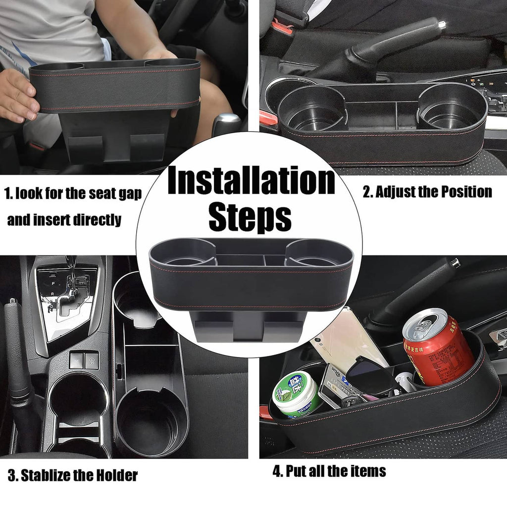 Installed black car seat organizer next to center console with two cup wells
