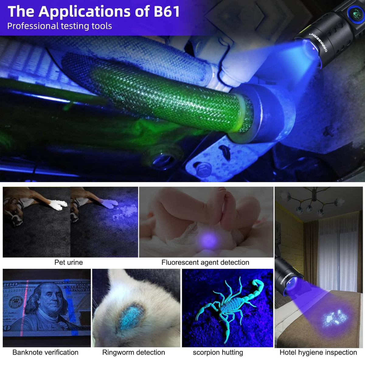 UV flashlight shining a beam that creates blue and green glow on a surface