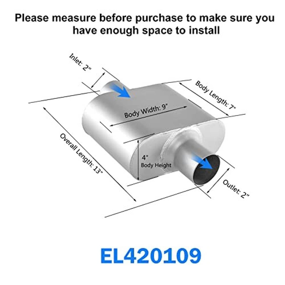 Silver exhaust muffler dimension diagram showing inlet and outlet positions on body