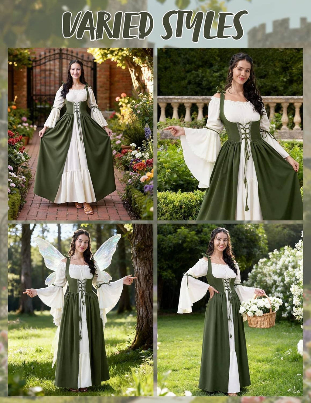 Women’s renaissance corset dress in dark green with white sleeves and corset-lacing, full-length