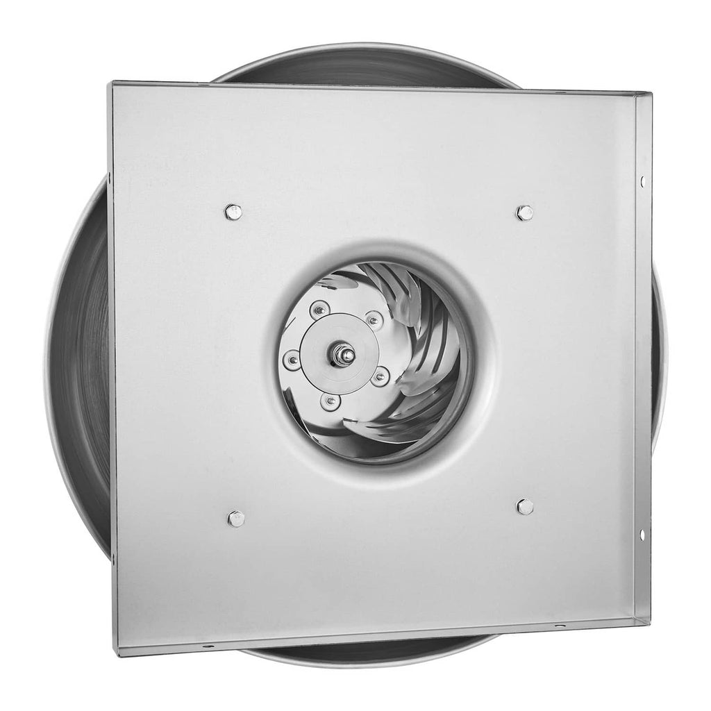 Roof exhaust fan with square duct housing and visible fan wheel, silver