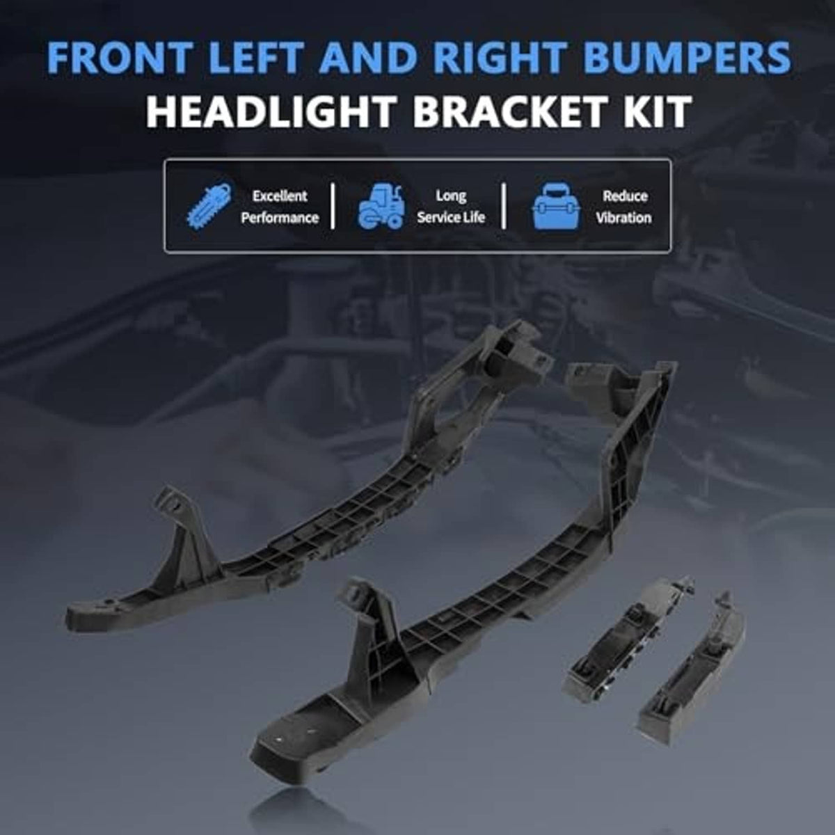 Front bumper and headlight bracket kit, black pieces for left side, with clips