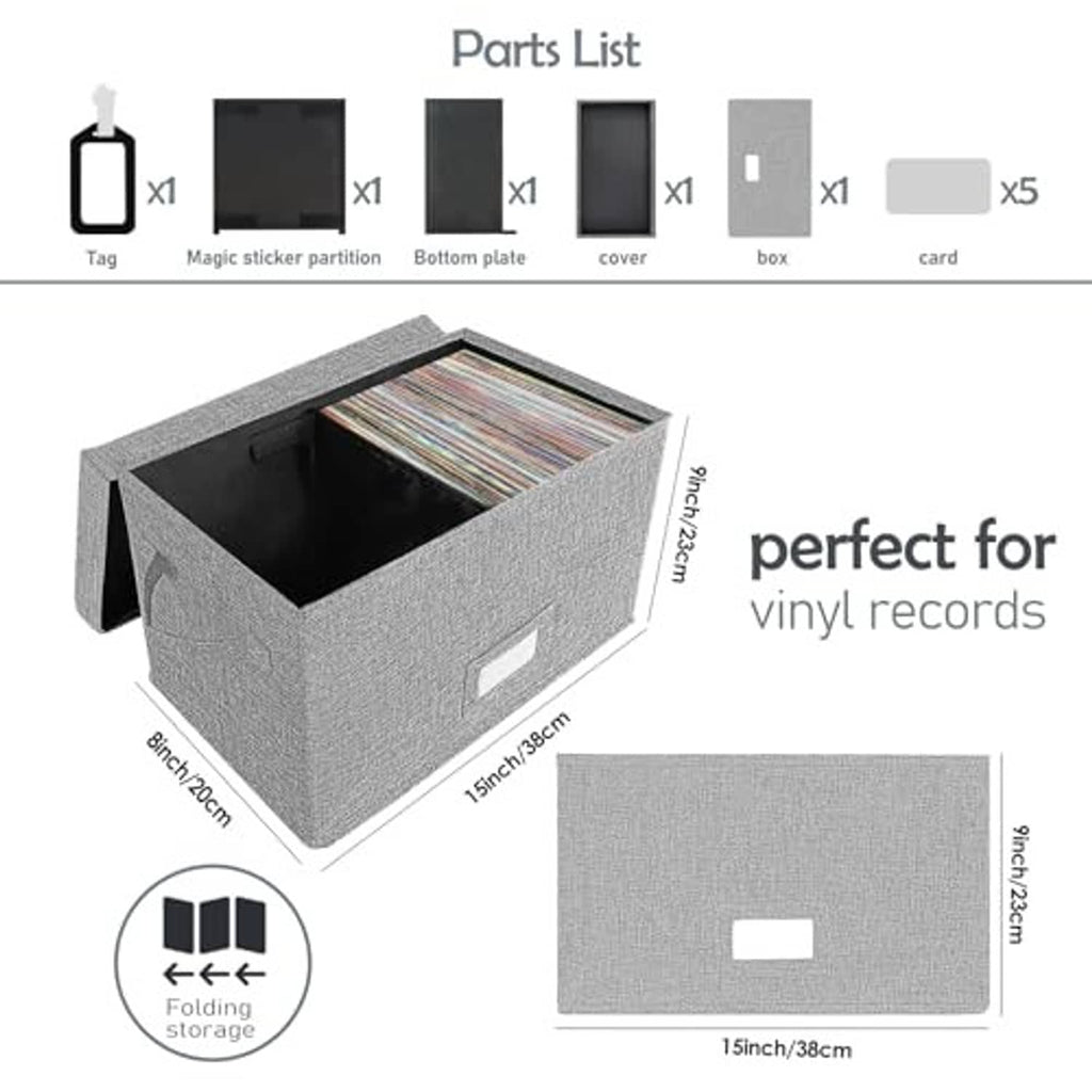 Grey vinyl record storage box with open top and foldable construction, parts shown