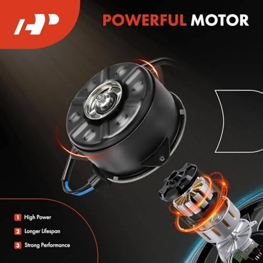 Radiator fan motor with black casing and attached cables for vehicle cooling