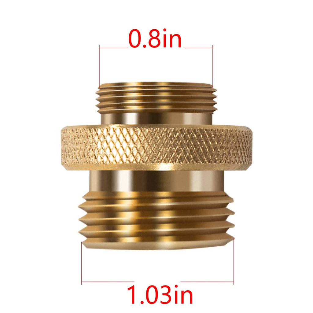 Brass hose bibb adapter with labeled size, 0.8 in by 1.03 in