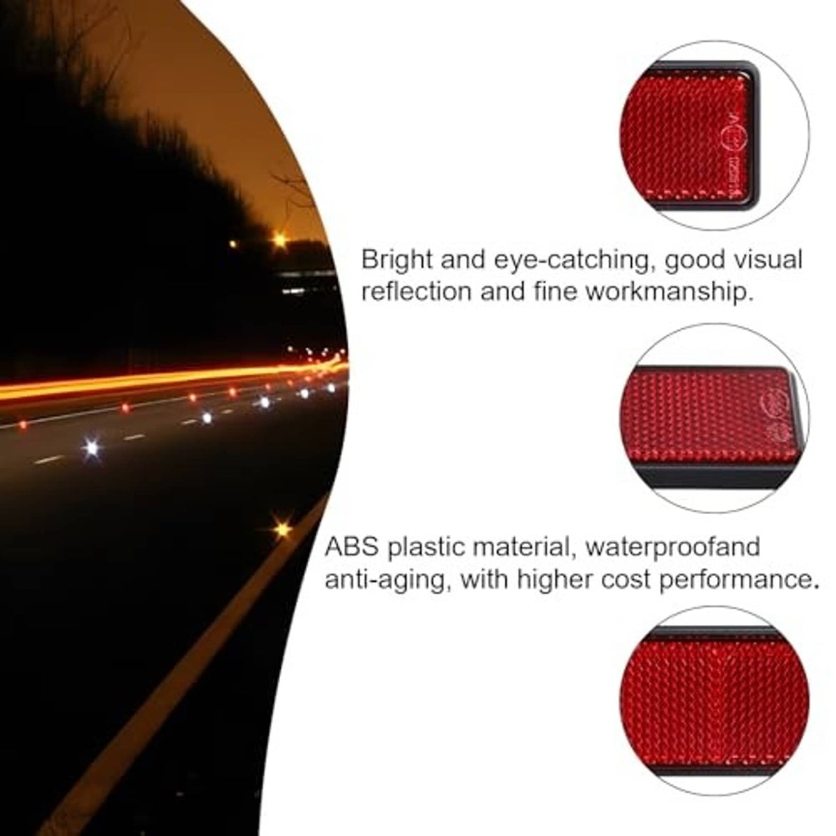 Close-up views of red rectangular reflector texture with black border