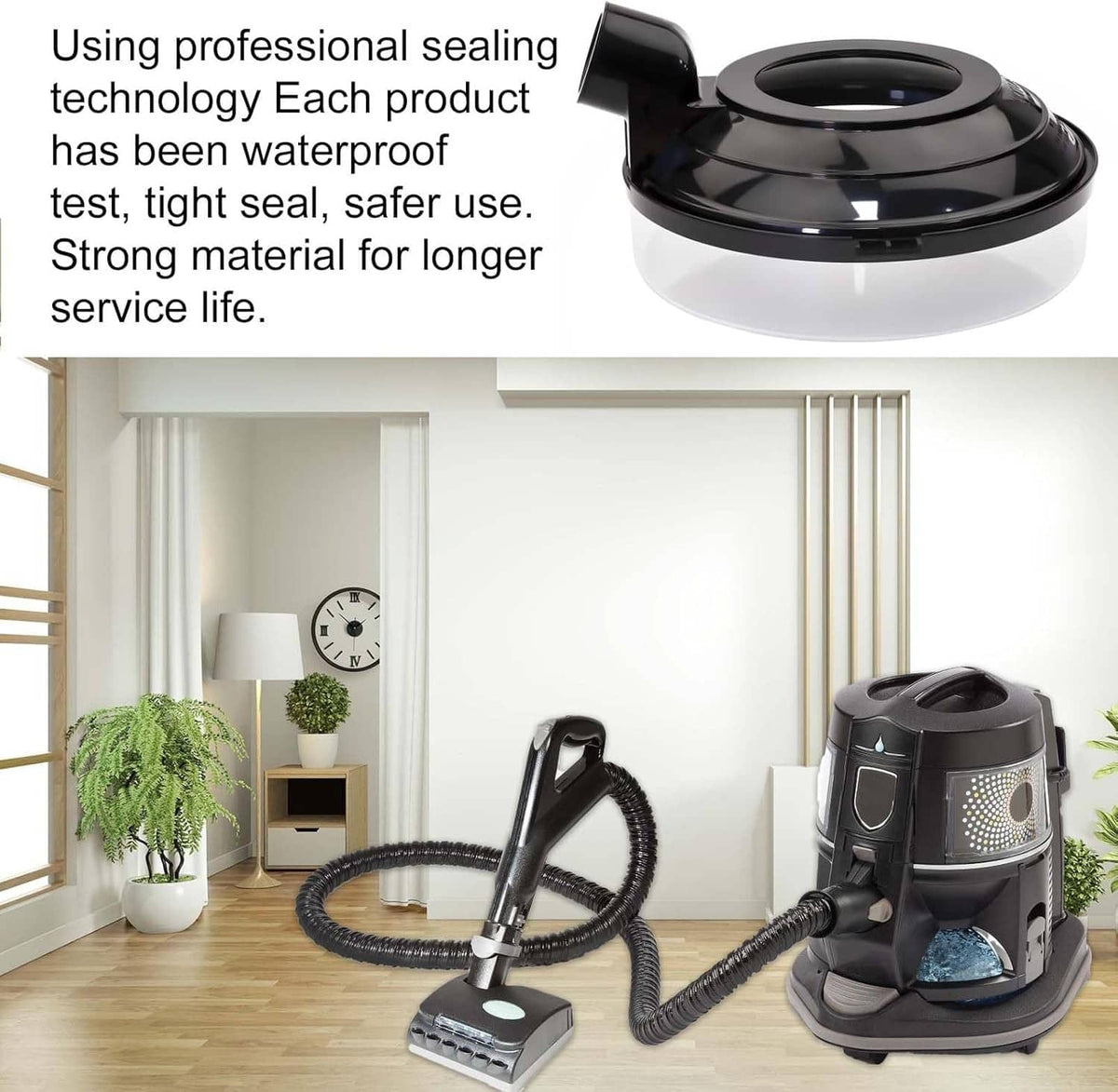 Vacuum basin water pan attachment with black top and clear lower basin
