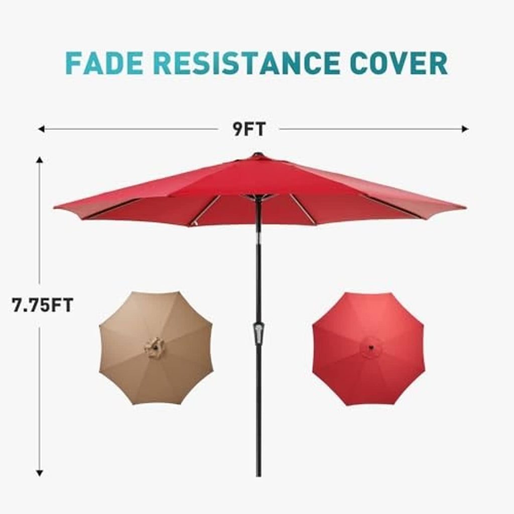 Dark red 9 ft patio umbrella with protective cover and height/size view