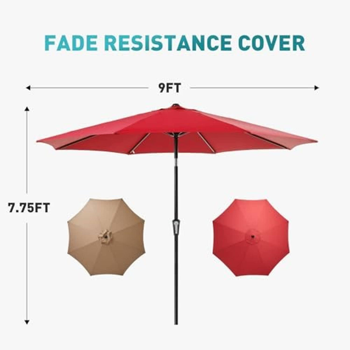 Dark red 9 ft patio umbrella with protective cover and height/size view