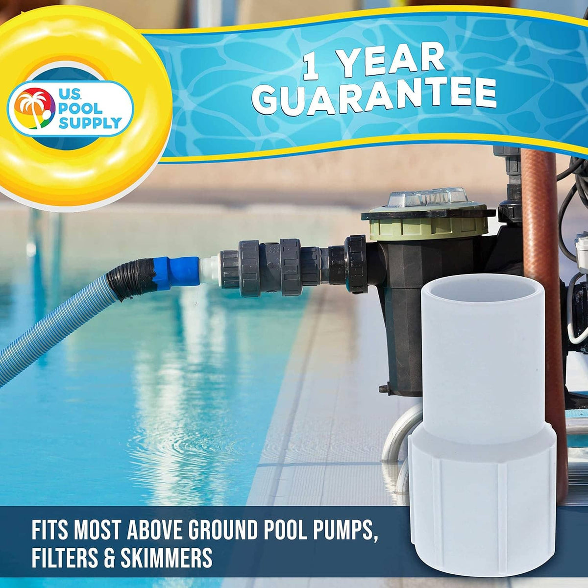 Above-ground pool pump hose adapter, white connector with collar for hose fitting