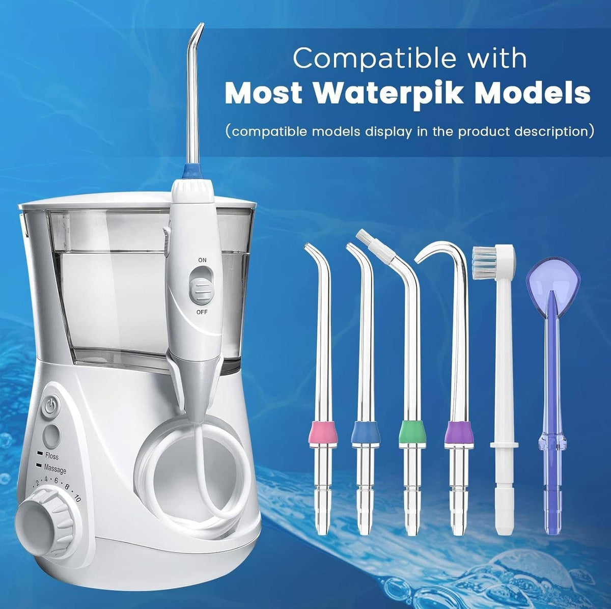 Water flosser replacement tips lineup with white handles and one blue tongue cleaner tip