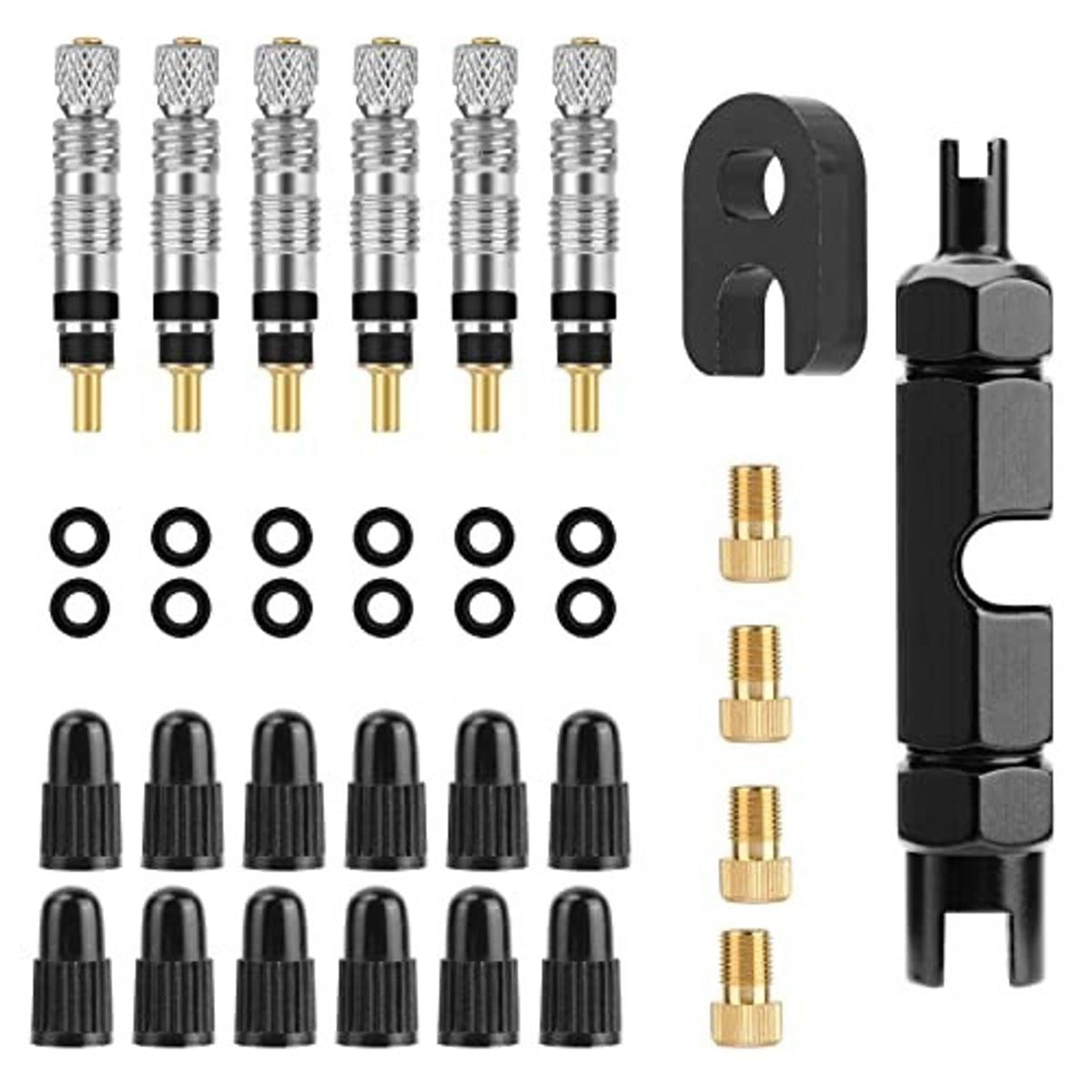 Bicycle valve core set with multiple silver Presta cores, O-rings, and adapter parts