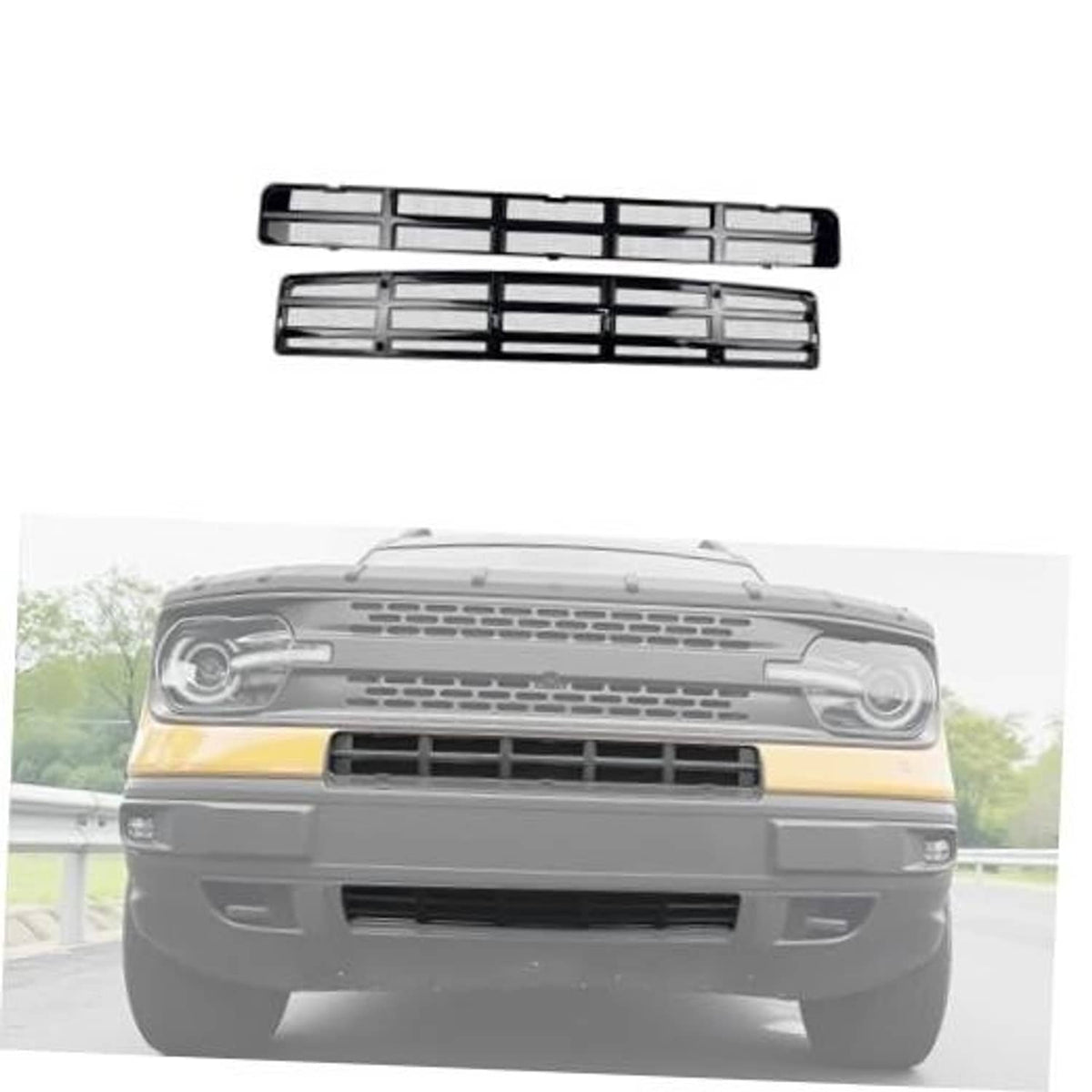 Mesh grille insert with black frame and gray bar mesh for front bumper opening.