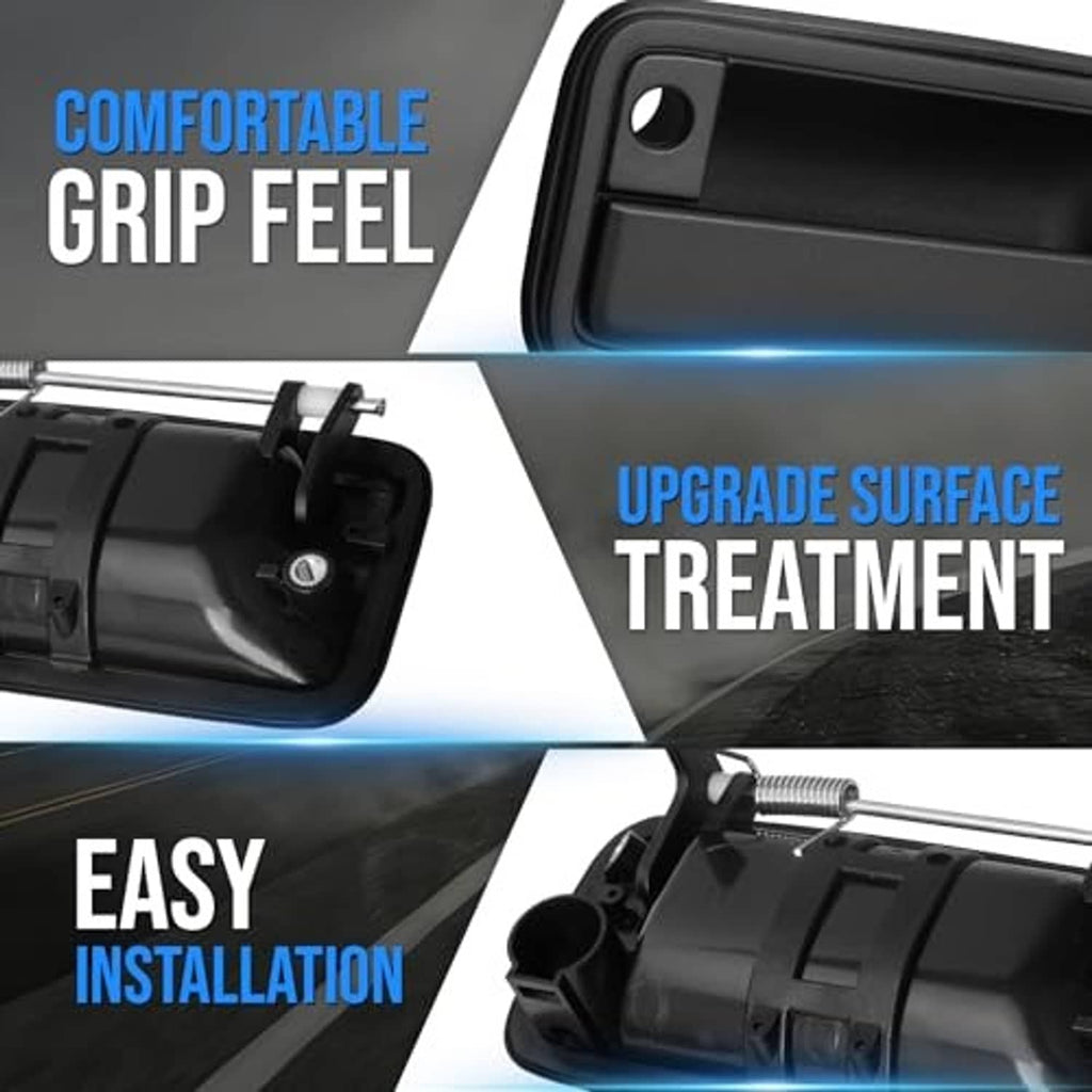 Black exterior door handle showing recessed grip and mounting hole, upgrade-style design