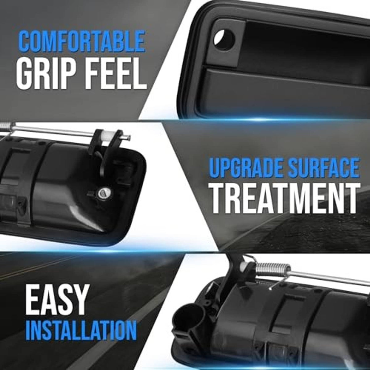 Black exterior door handle showing recessed grip and mounting hole, upgrade-style design