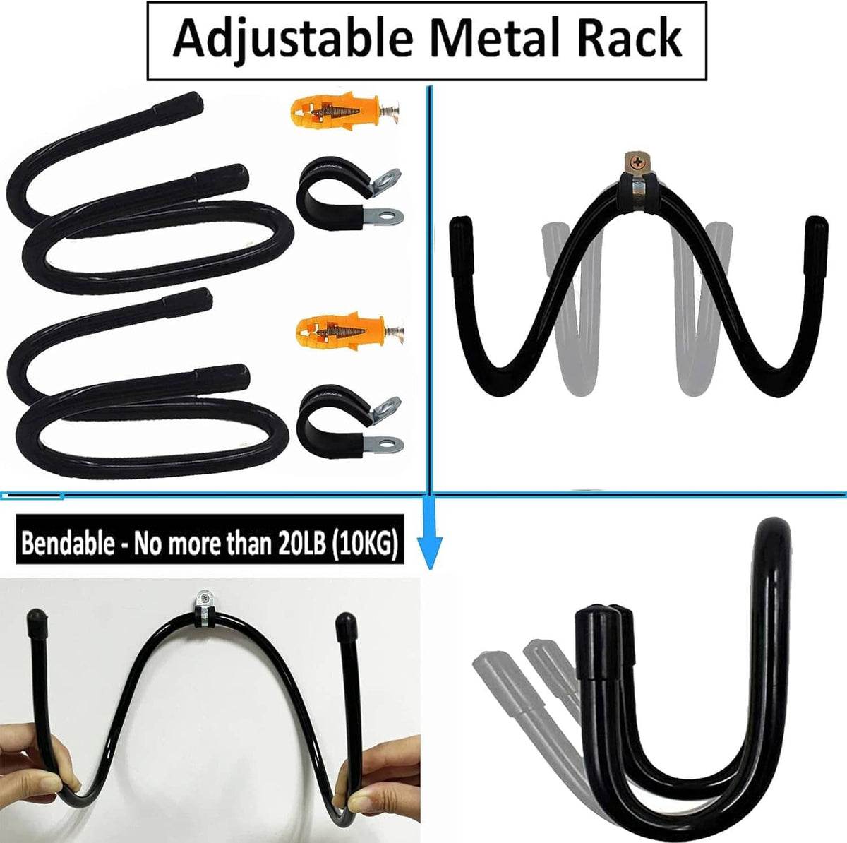 Black adjustable hose rack with curved hooks and mounting components