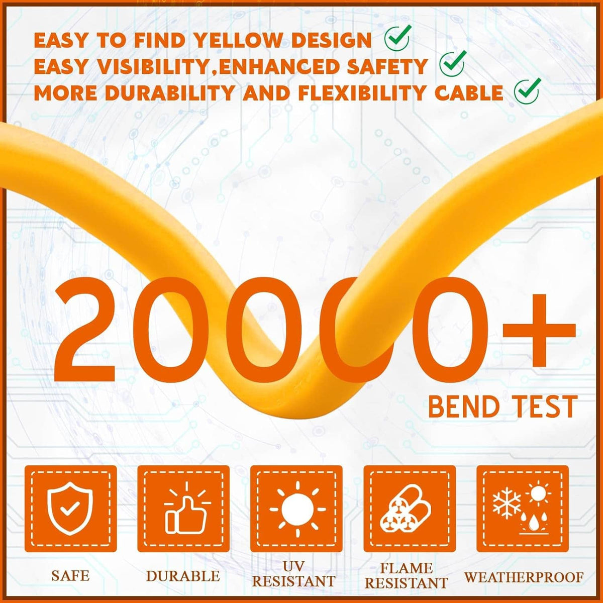 Yellow welder adapter cord with flexible cable design for bending and durability