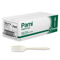 Medium-weight disposable plastic forks, white, bulk 1000-pack in box