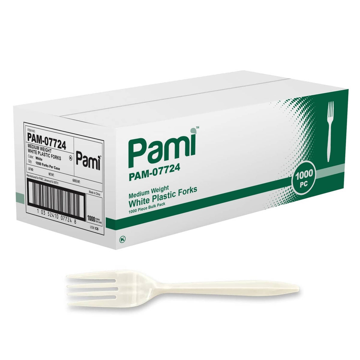 Medium-weight disposable plastic forks, white, bulk 1000-pack in box