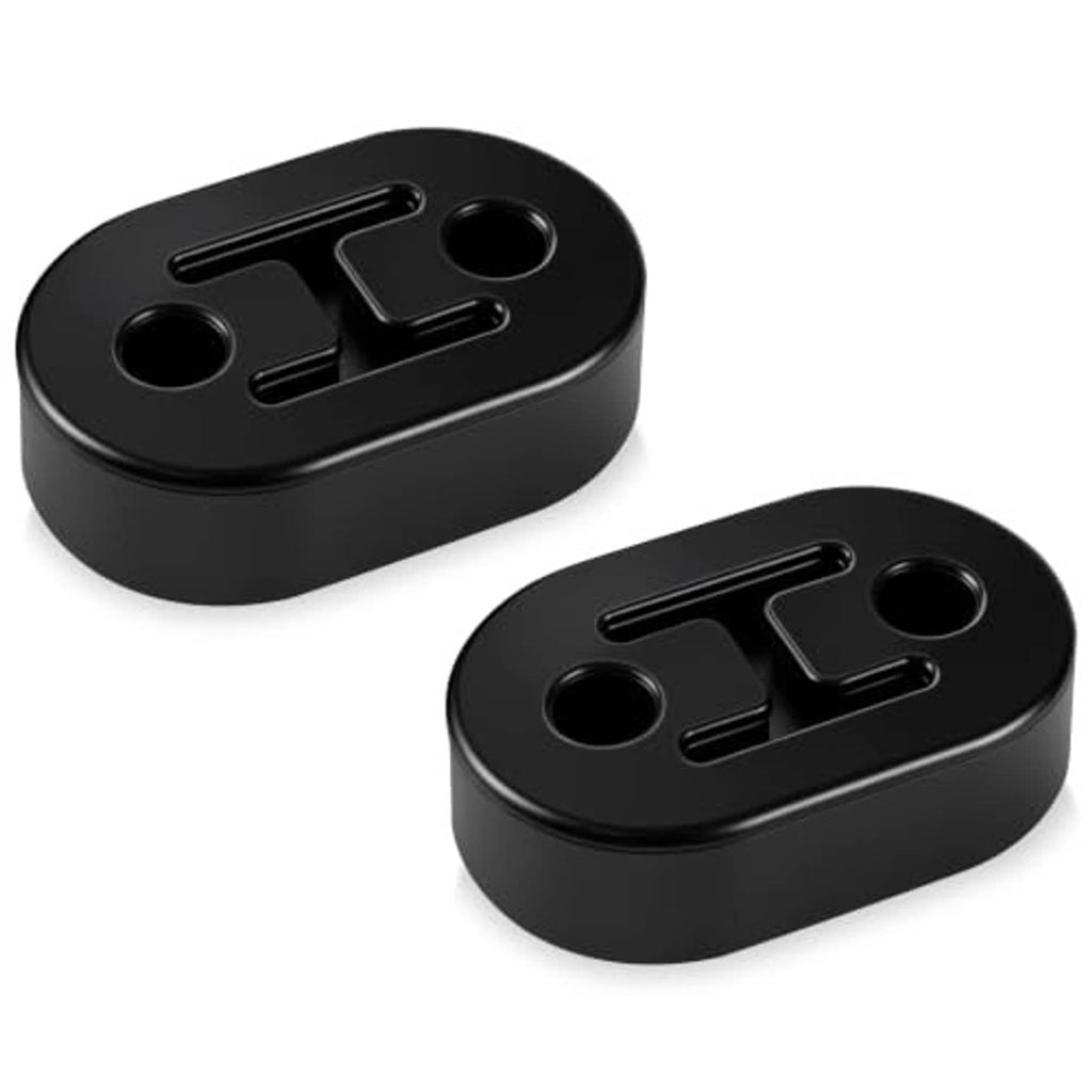 Two black rubber exhaust hangers, oval blocks with center web and bolt holes