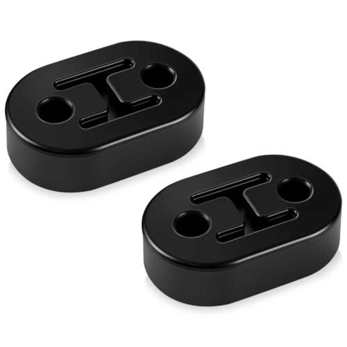 Two black rubber exhaust hangers, oval blocks with center web and bolt holes