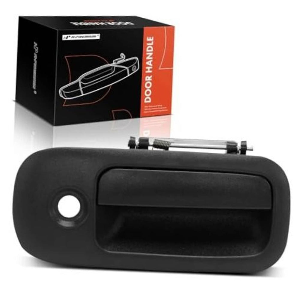 Textured black exterior door handle with circular keyhole, front right side