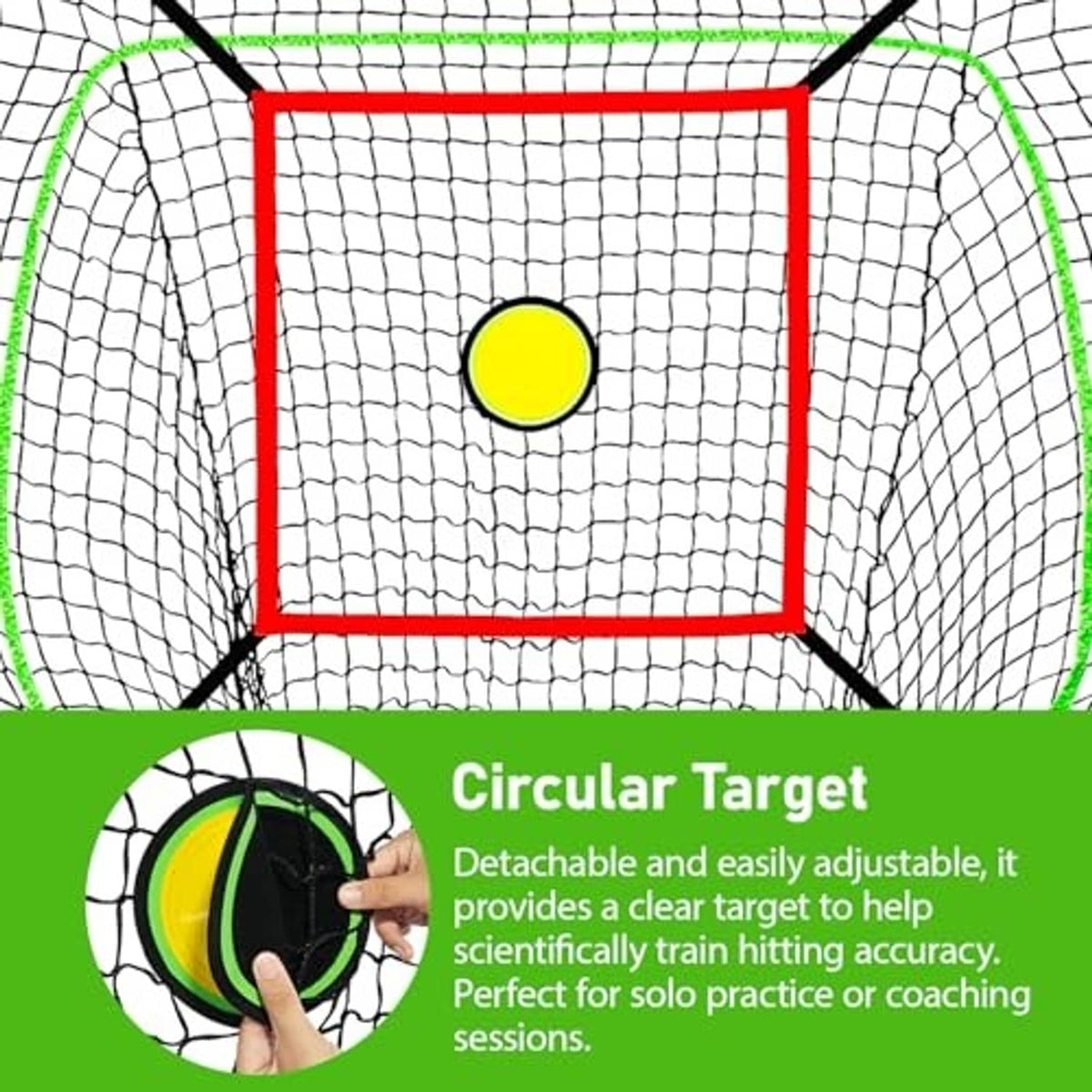 Baseball batting net close-up with red-bordered square target and bright yellow center