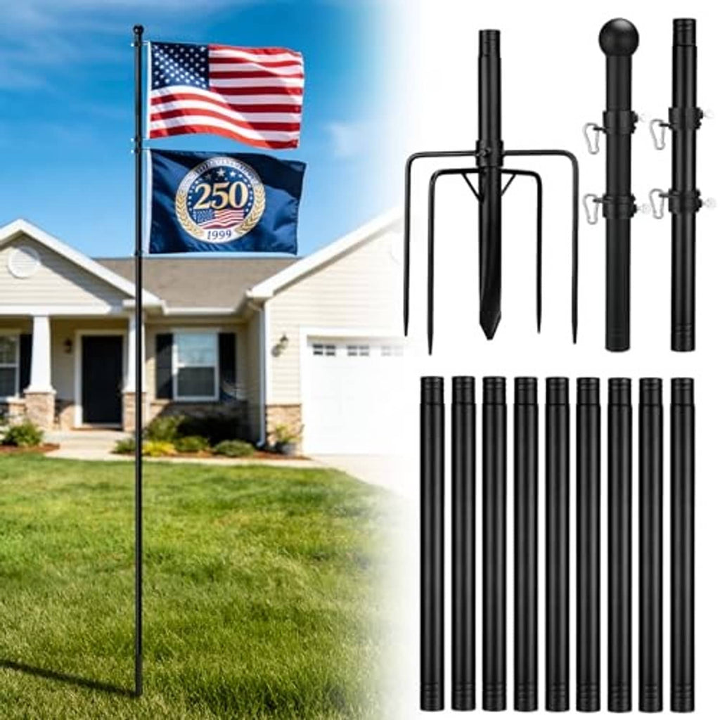 Black in-ground flag pole kit with two pole sections, U-base, and mounting stakes