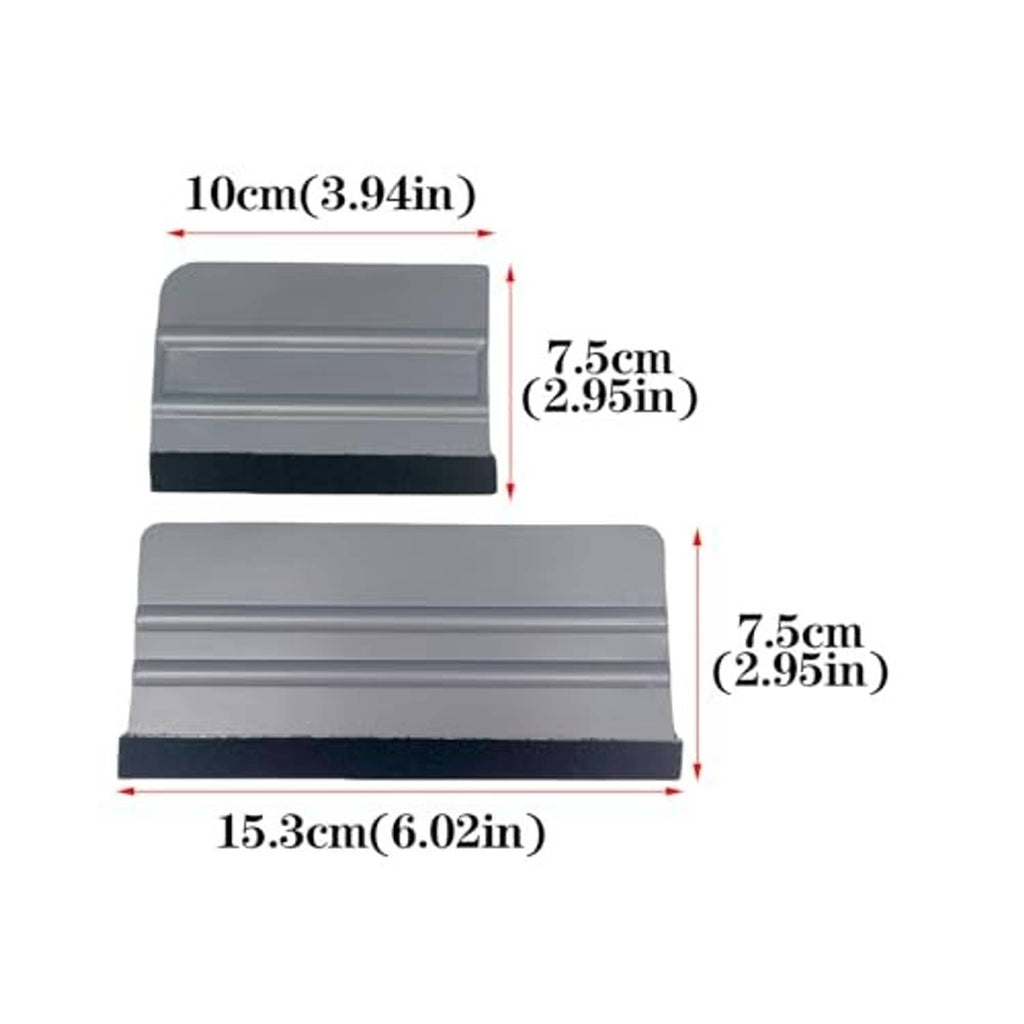 Vinyl wrap squeegee tool, gray plastic scraper with black felt strip and stepped shape
