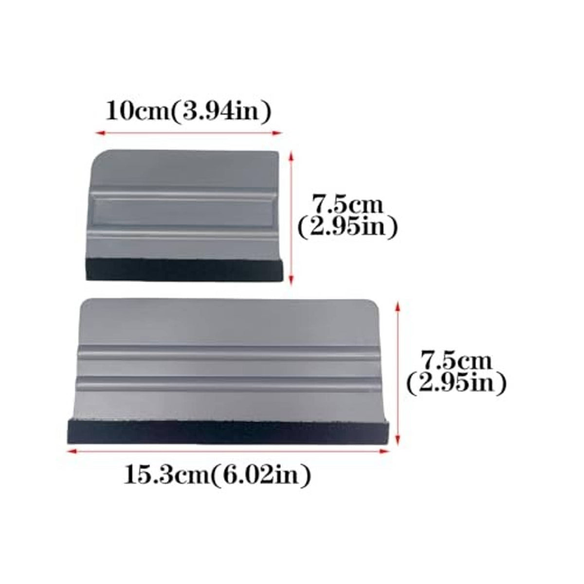 Vinyl wrap squeegee tool, gray plastic scraper with black felt strip and stepped shape