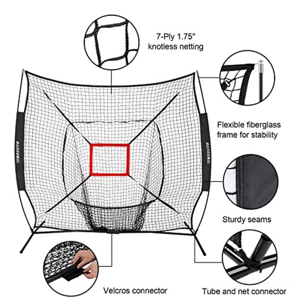Baseball practice net with black mesh and red target square, curved frame and tunnel net
