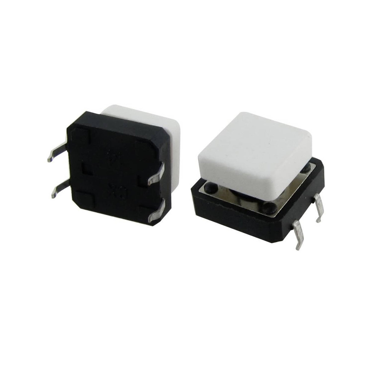 Momentary tactile push buttons, black base with white top, metal pins (set of 20)
