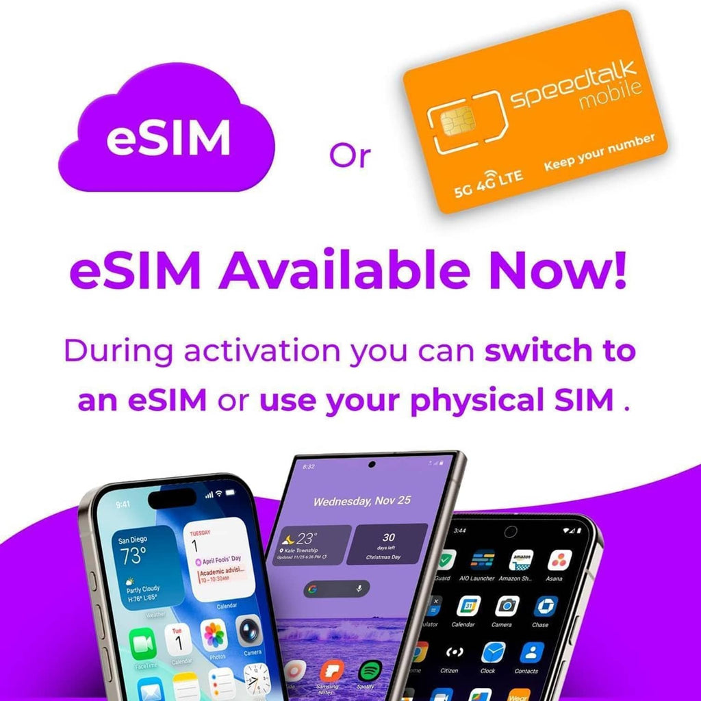 eSIM and SIM card kit graphic with purple eSIM cloud icon and SIM card on white