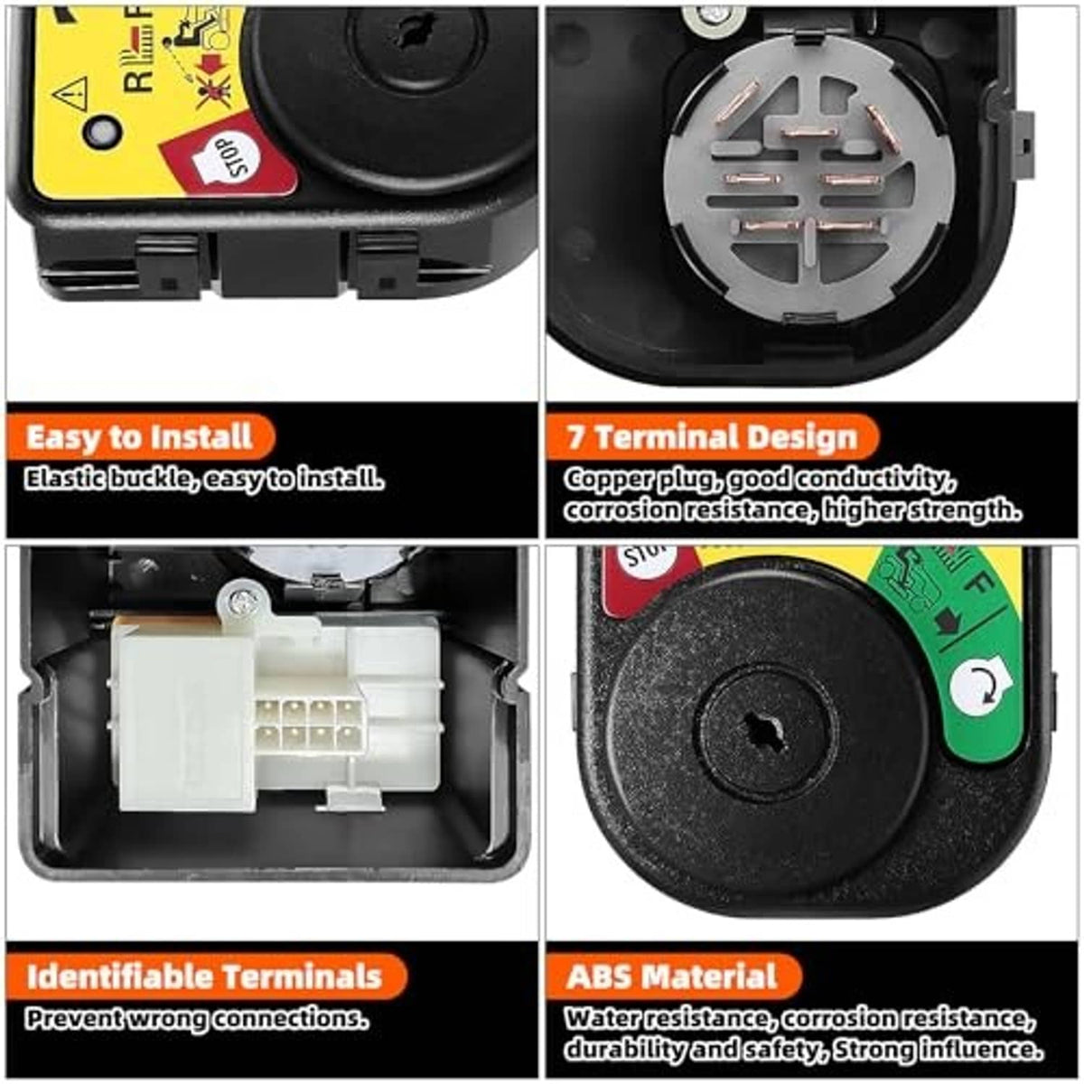 Ignition switch module feature collage with terminal layout and ABS material callout
