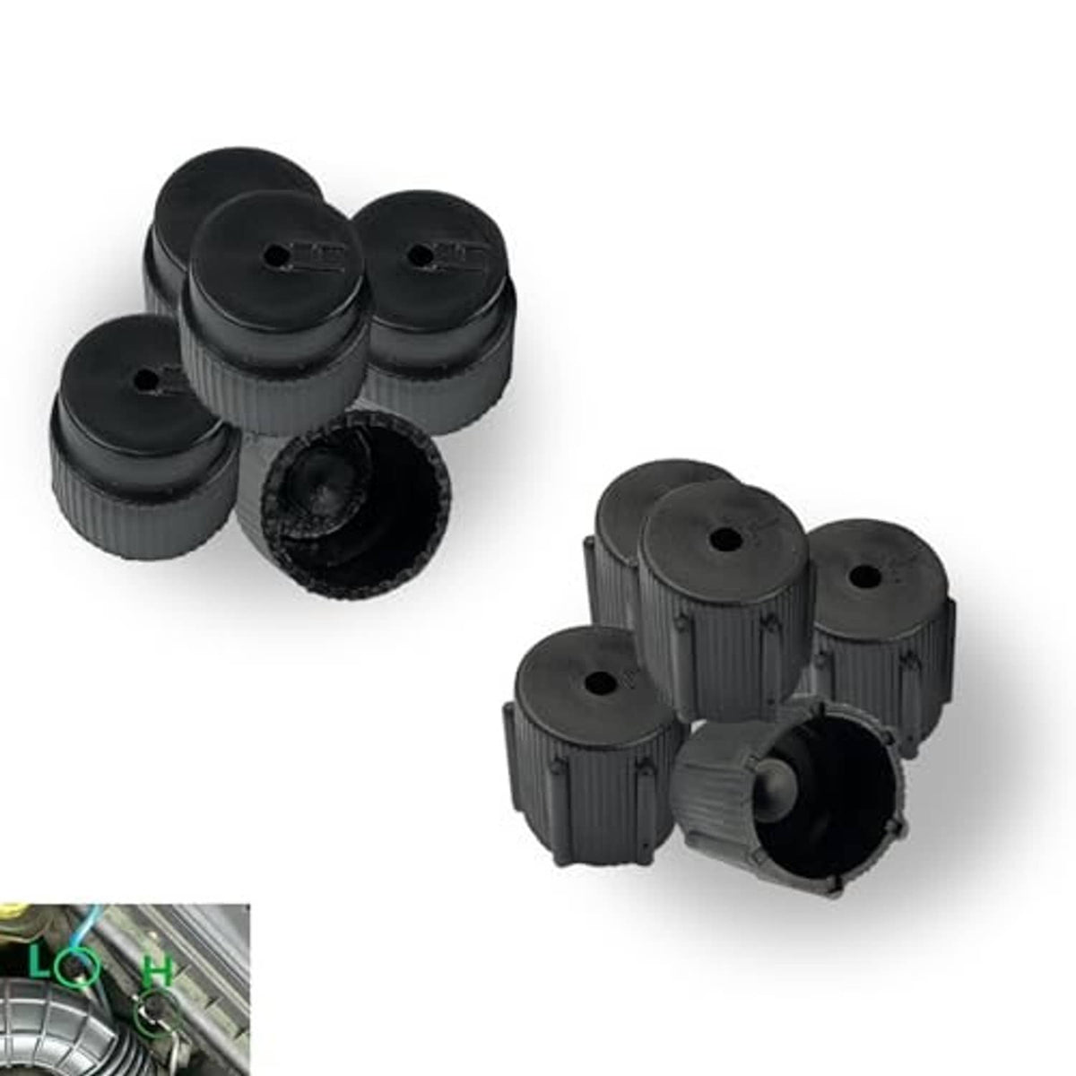 Black ribbed air conditioning valve caps, top holes visible on multiple caps