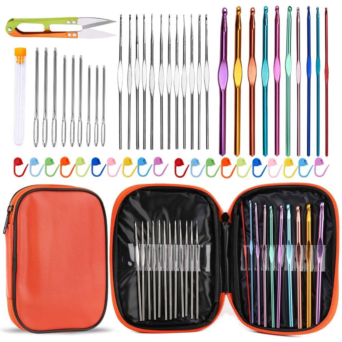 Crochet hooks set with 54 metal hooks in a zipper storage case, orange handle accents.