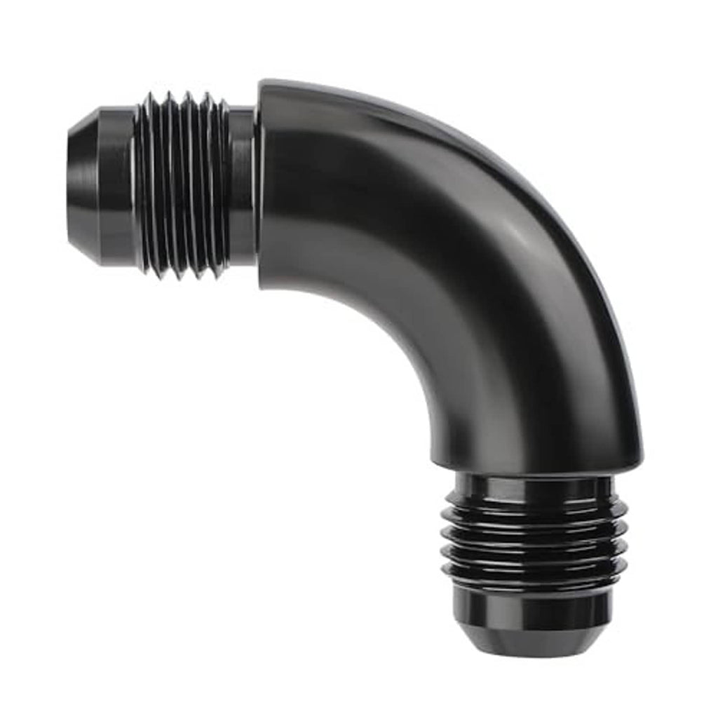 Black 90-degree male AN swivel coupler union fitting, dual threaded ports