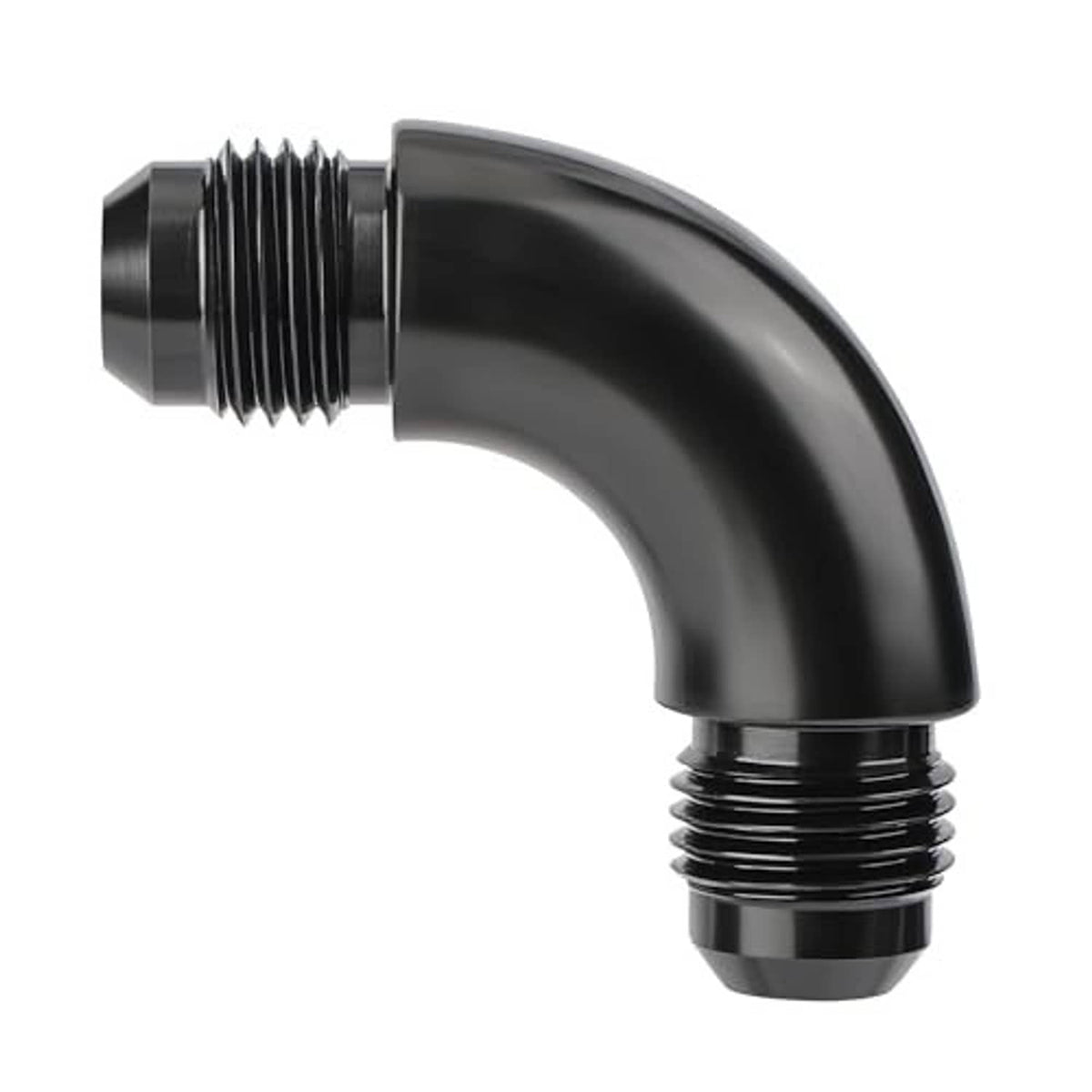 Black 90-degree male AN swivel coupler union fitting, dual threaded ports