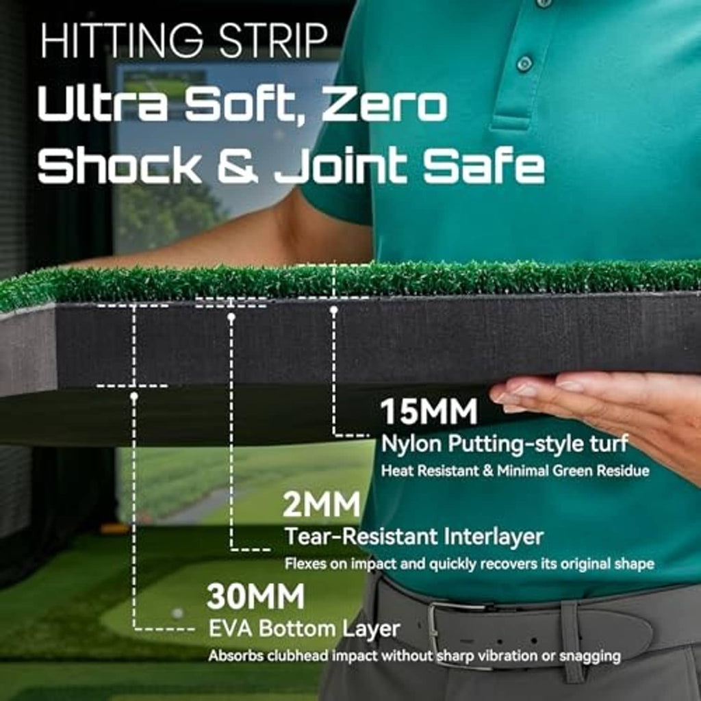 Layered green turf golf hitting strip with black base, close-up