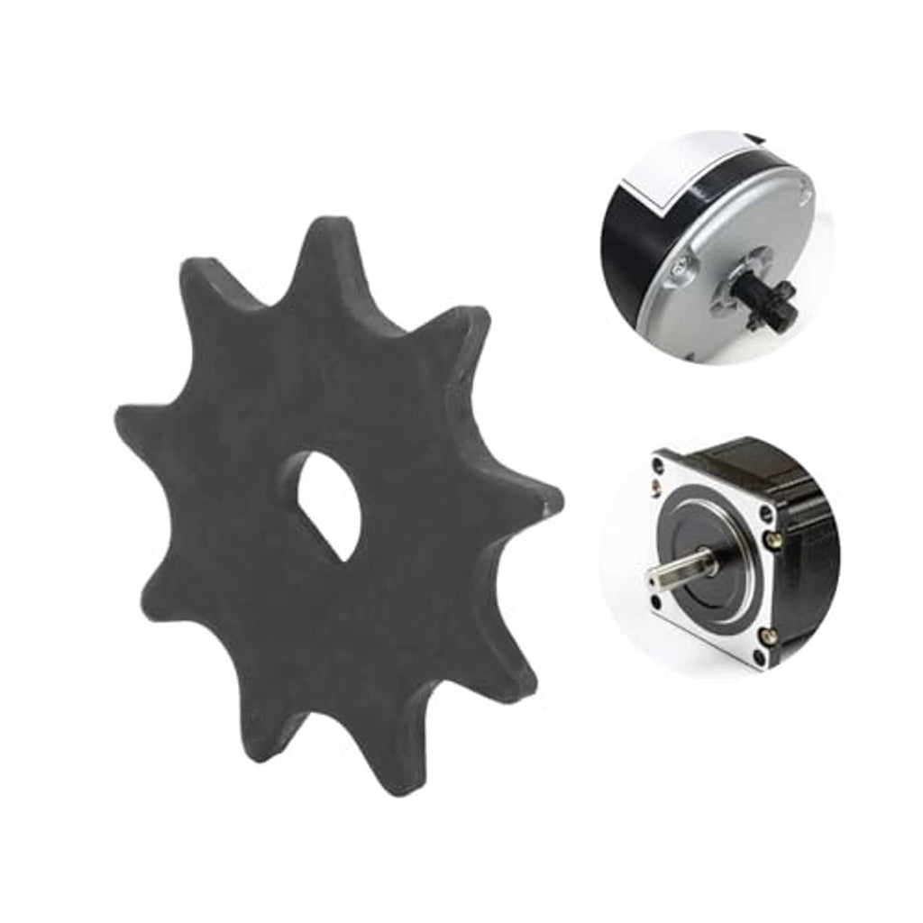 Black chain sprocket with central hole, paired with silver motor sprocket hub