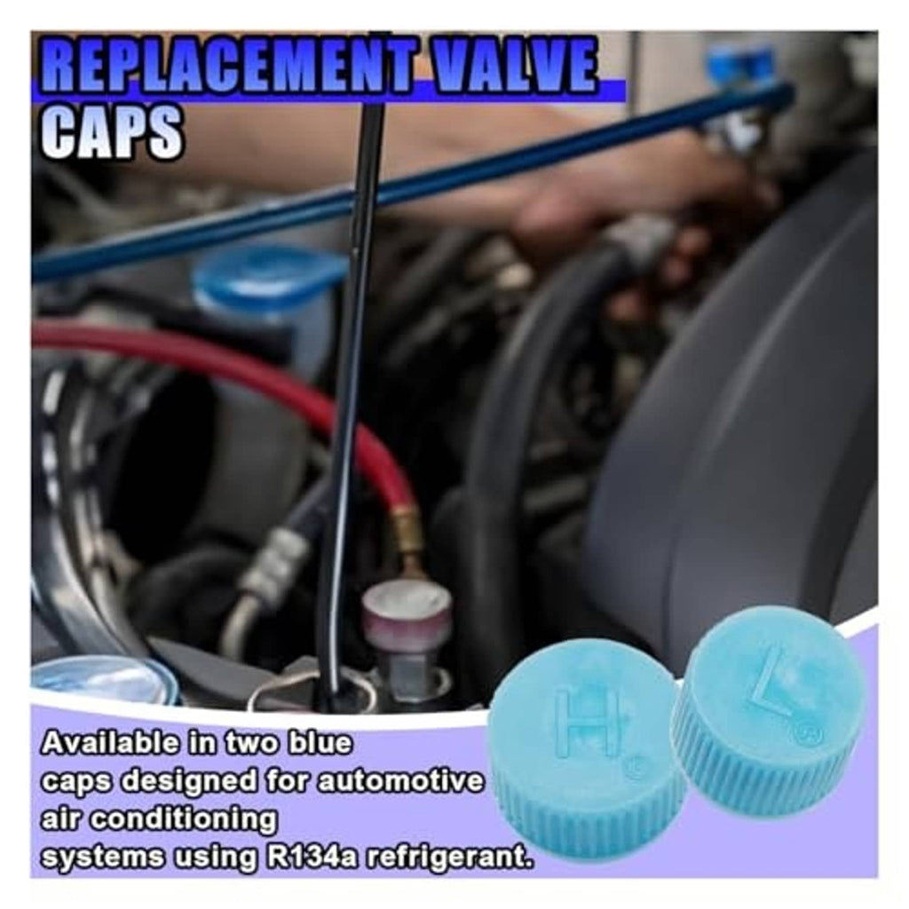 Blue replacement A/C valve caps for automotive charging ports, two-pack