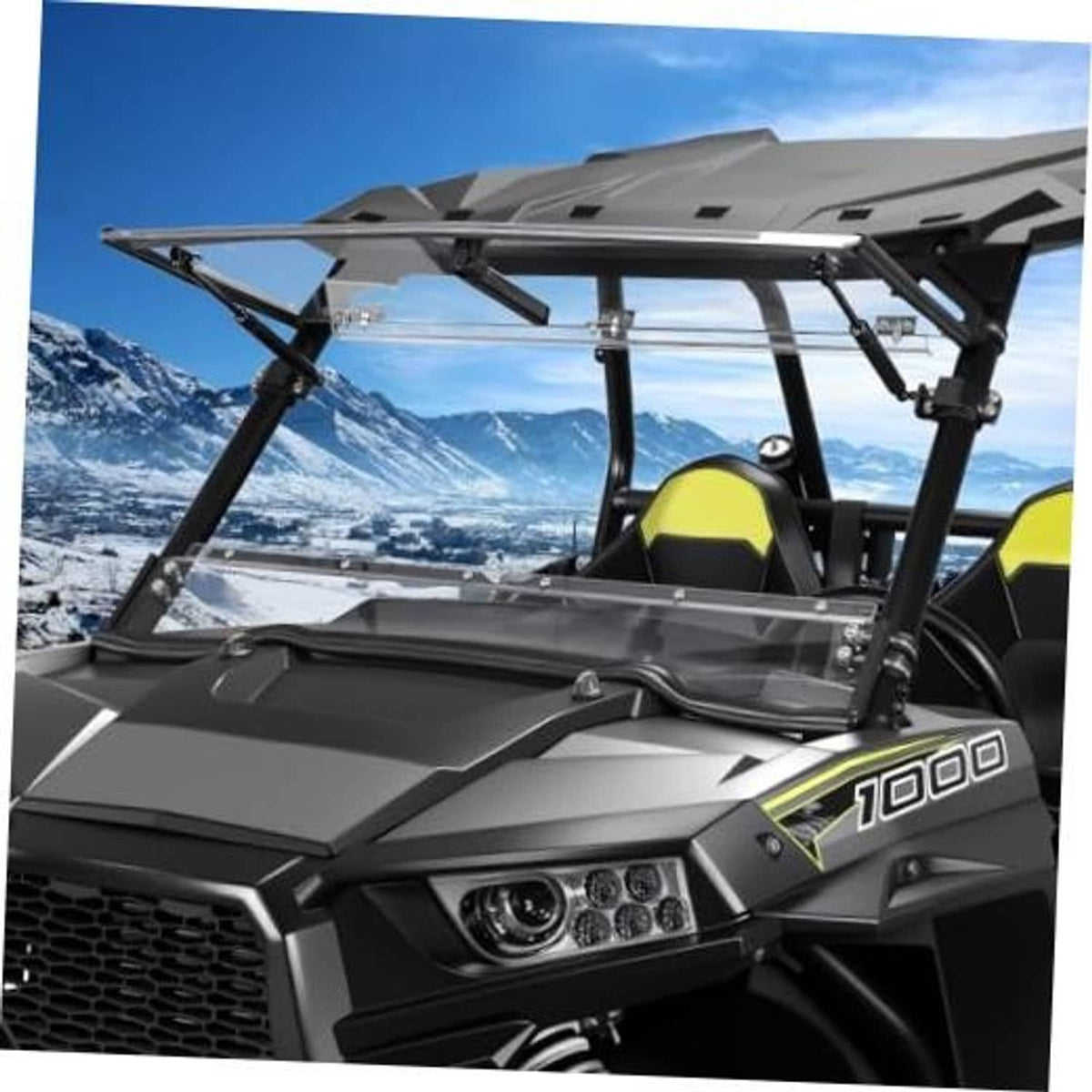 Flip-up UTV windshield with clear scratch-resistant panel on dark frame