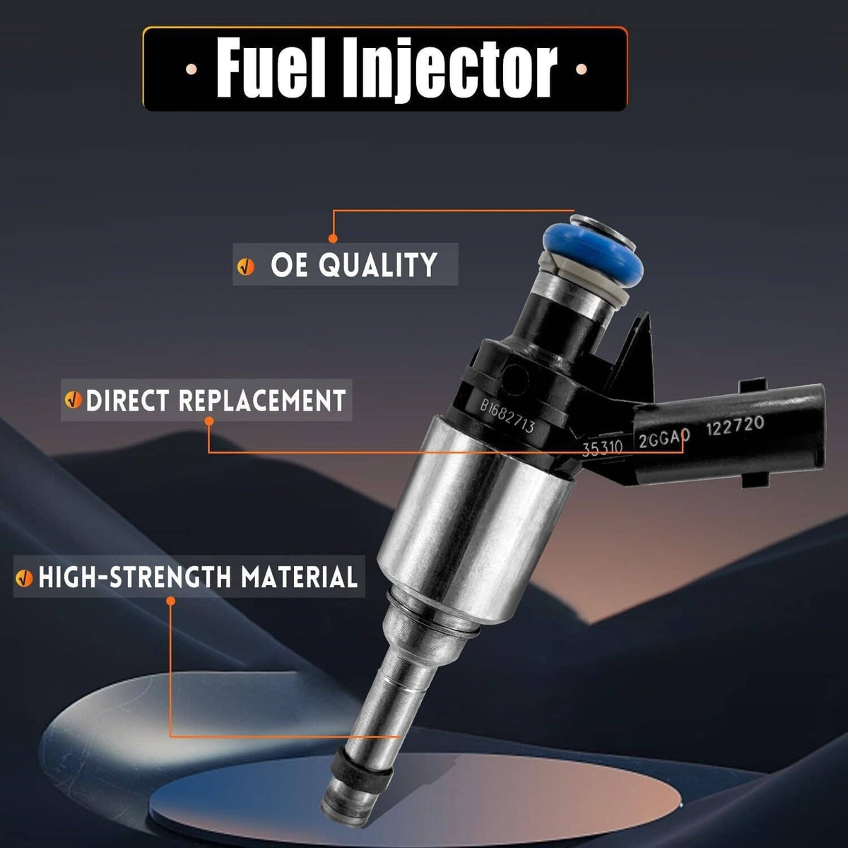Single fuel injector with blue top seal, black housing, and silver metal shaft.