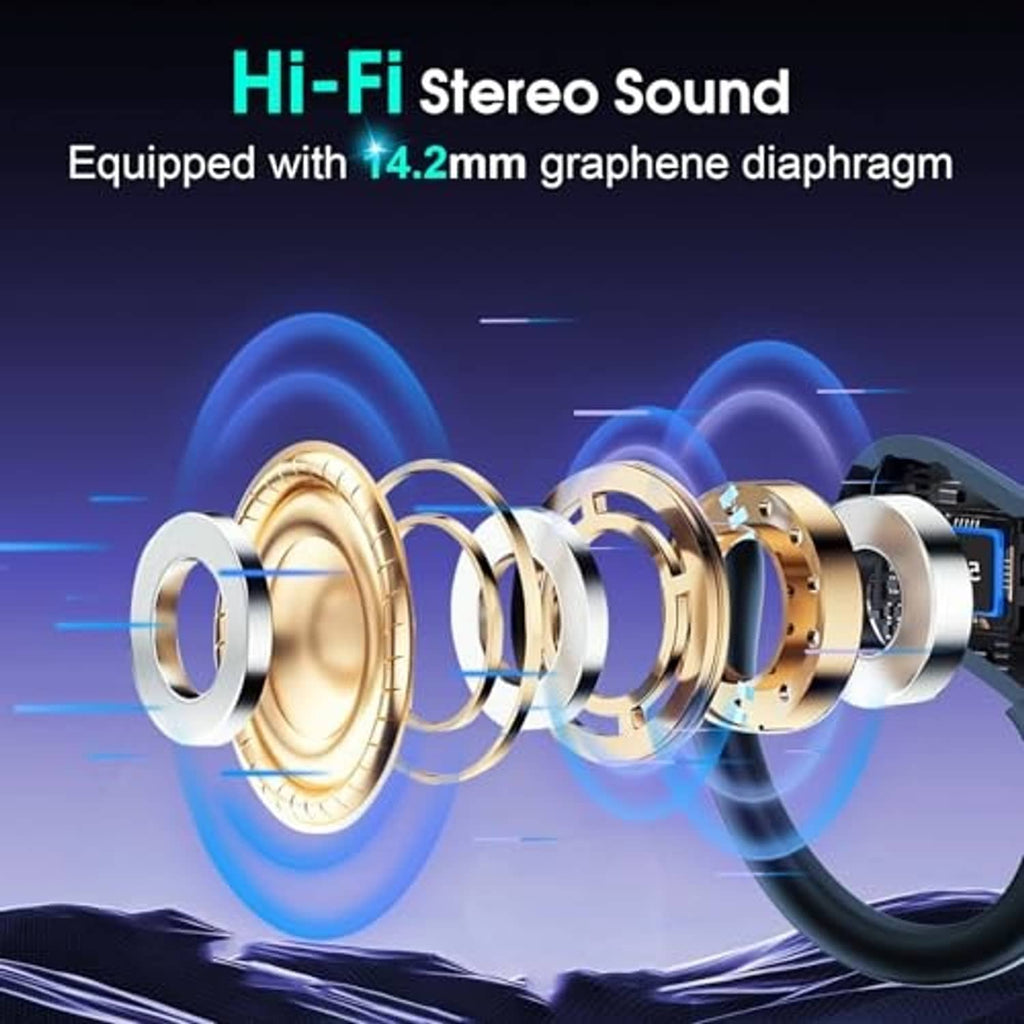 Wireless earbuds with 14.2mm graphene diaphragm driver and sound wave graphic